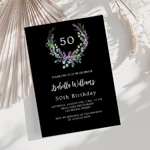 Black white lavender violet florals birthday invitation