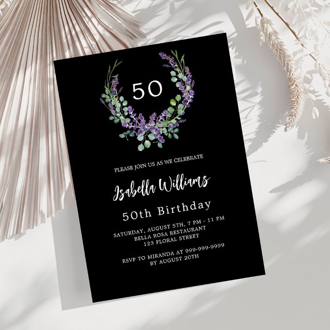 Black white lavender violet florals birthday invitation (Creator Uploaded)