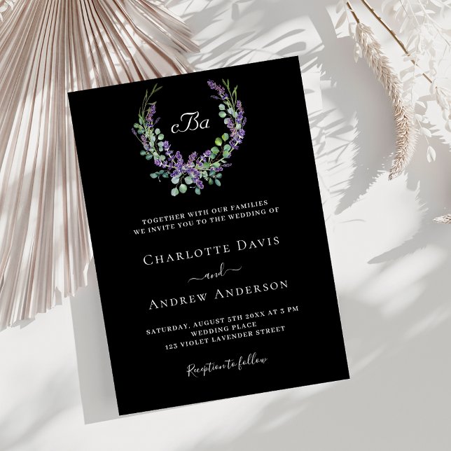 Black white lavender violet florals luxury wedding invitation (Creator Uploaded)