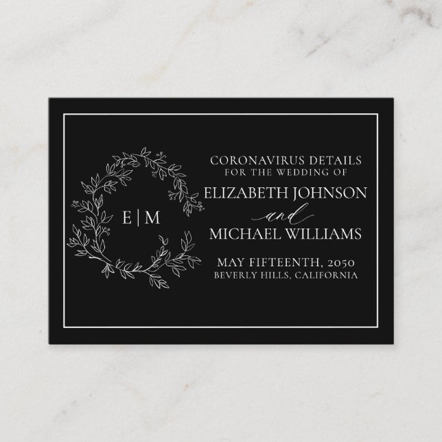 Black White Leafy Crest Monogram Coronavirus Enclosure Card (Front)