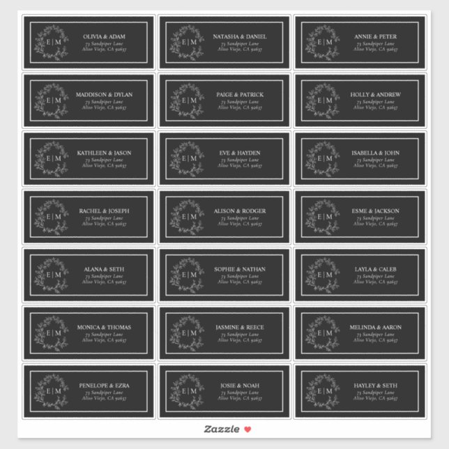 Black & White Leafy Crest Monogram Guest Address (Sheet)