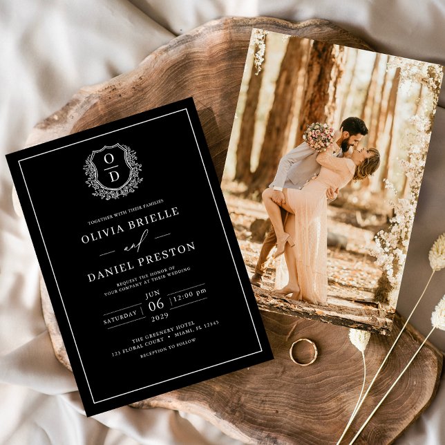 Black White Leafy Crest Monogram Photo Wedding Invitation (Creator Uploaded)