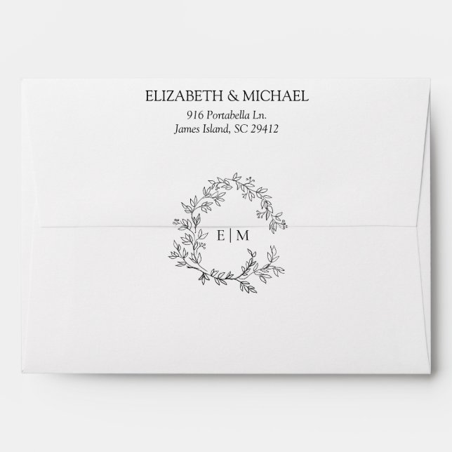 Black White Leafy Crest Monogram Wedding Envelope (Back (Top Flap))