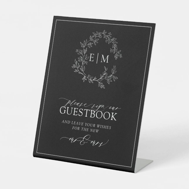 Black White Leafy Crest Monogram Wedding Guestbook Pedestal Sign (Front)