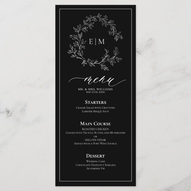 Black White Leafy Crest Monogram Wedding Menu (Front)