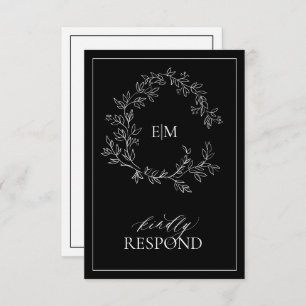 Black White Leafy Crest Monogram Wedding RSVP Card