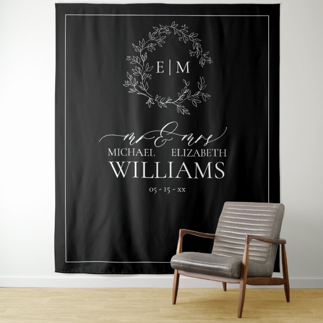 Black White Leafy Crest Monogram Wedding Tapestry (In Situ)