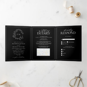 Black White Leafy Crest Monogram Wedding Tri-Fold Invitation