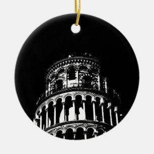 Black White Leaning Tower of Pisa Italy Ceramic Ornament