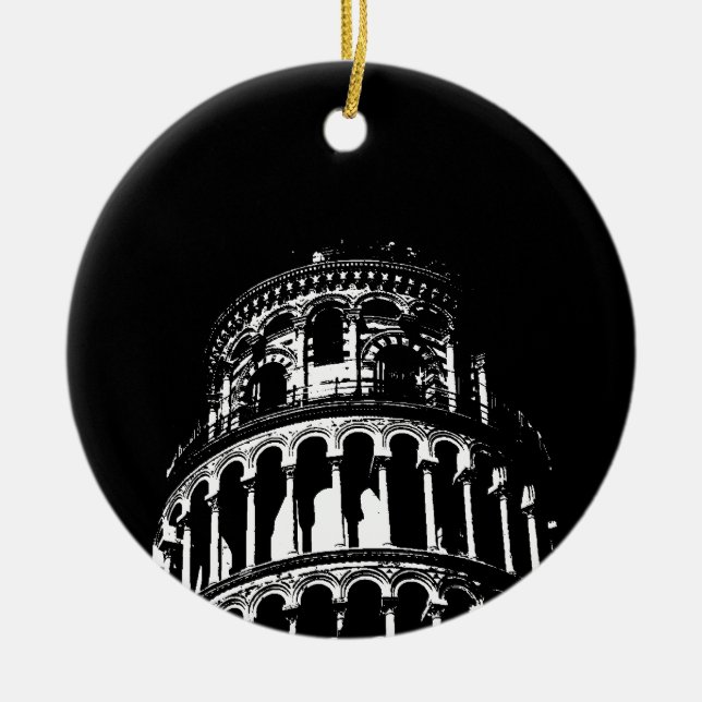 Black White Leaning Tower of Pisa Italy Ceramic Ornament (Front)