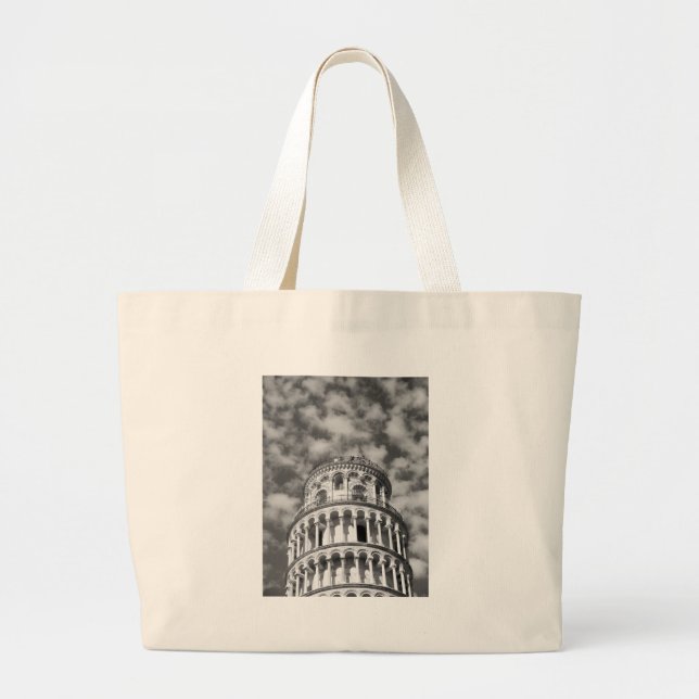 Black White Leaning Tower of Pisa Italy Large Tote Bag (Front)