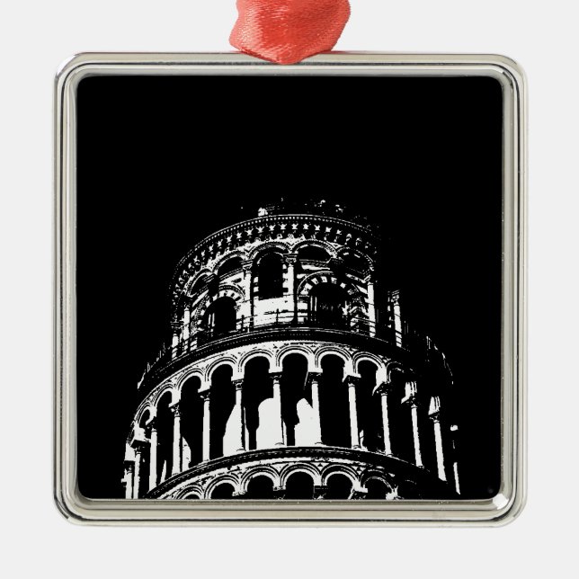 Black White Leaning Tower of Pisa Italy Metal Ornament (Front)