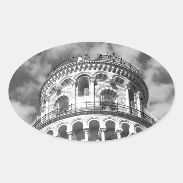 Black White Leaning Tower of Pisa Italy Oval Sticker (Front)