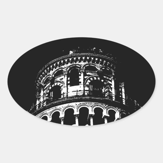 Black White Leaning Tower of Pisa Italy Oval Sticker (Front)