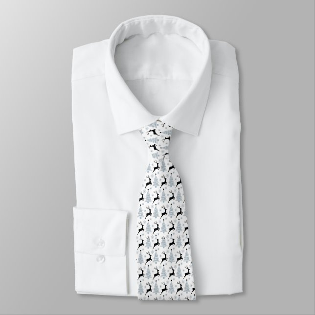 Black & White Leaping Deer Christmas Tree Men's Tie (Tied)