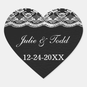 Black & White Leather & Lace Wedding Save The Date Heart Sticker