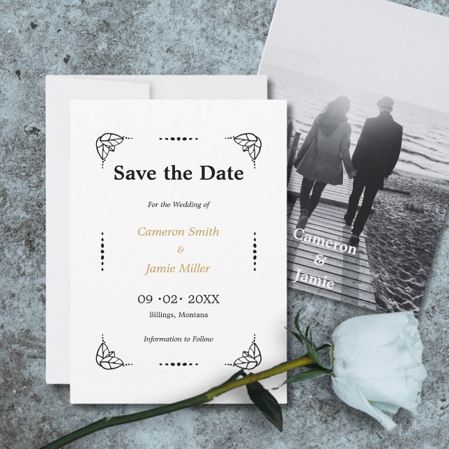 Black & White Leaves Dots Frame Save The Date Invitation (Black & White Leaves Dots Frame Save The Date Invitation)