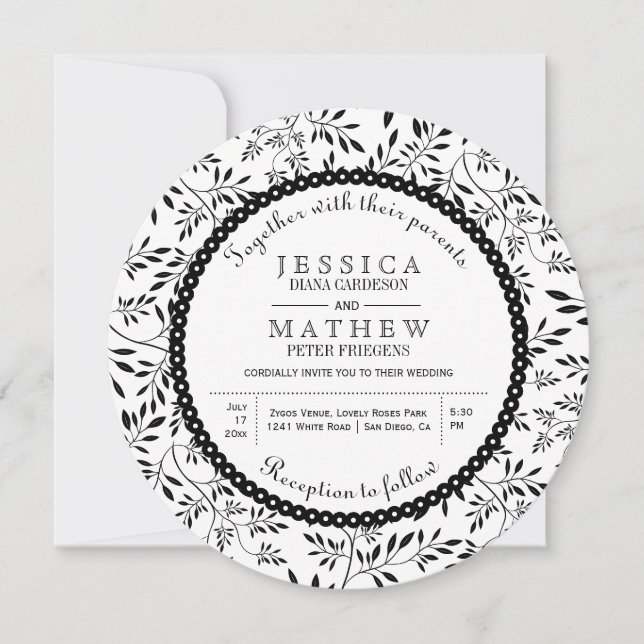 Black white leaves pattern modern floral wedding invitation (Front)