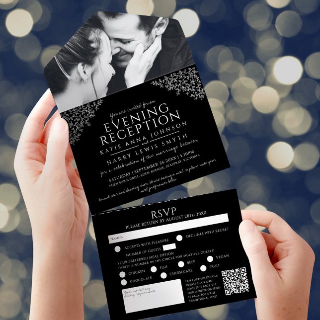Black white leaves photo evening reception RSVP QR All In One Invitation (Creator Uploaded)
