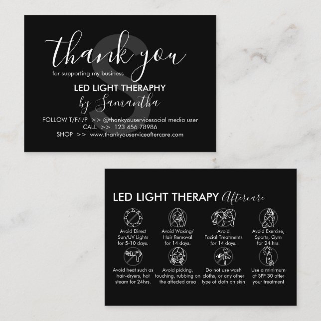 Black White Led Light Therapy Aftercare Thank You Business Card (Front/Back)
