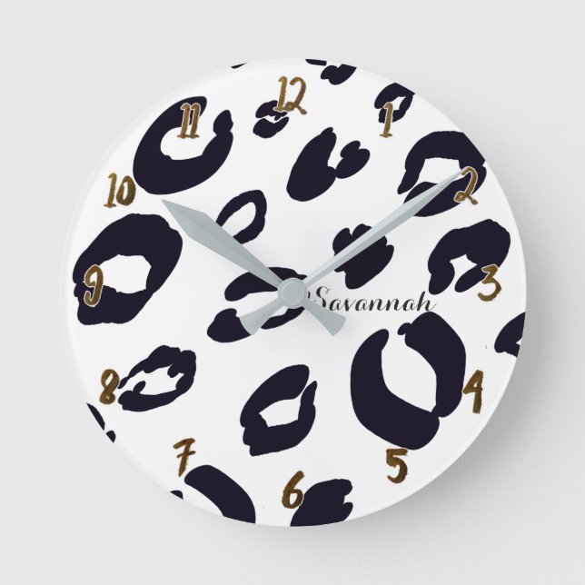 Black & White Leopard Cheetah Glam Personalised Round Clock (Front)