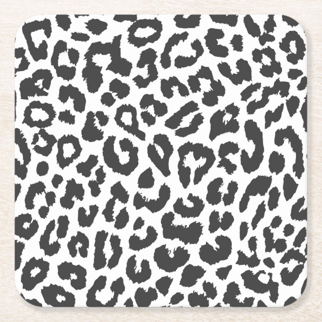 Black & White Leopard Print Animal Skin Patterns Square Paper Coaster (Front)