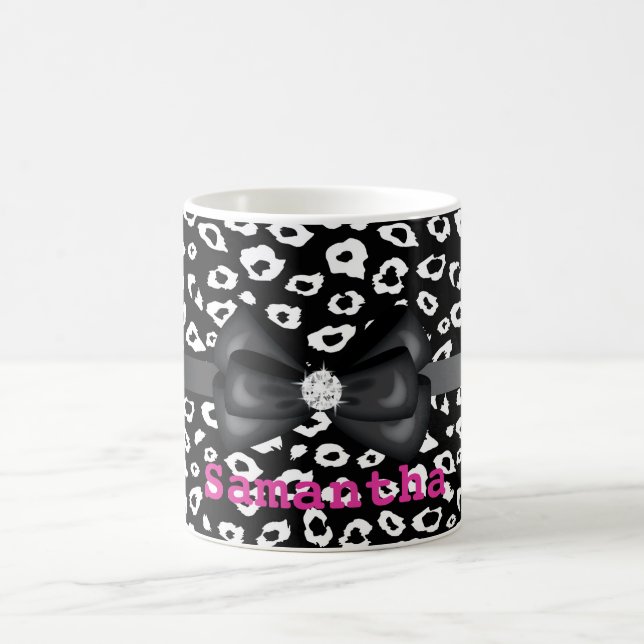 Black White Leopard Print with Bow Personalised Coffee Mug (Center)