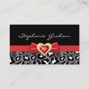 Black white leopard print with red bow & jewel business card