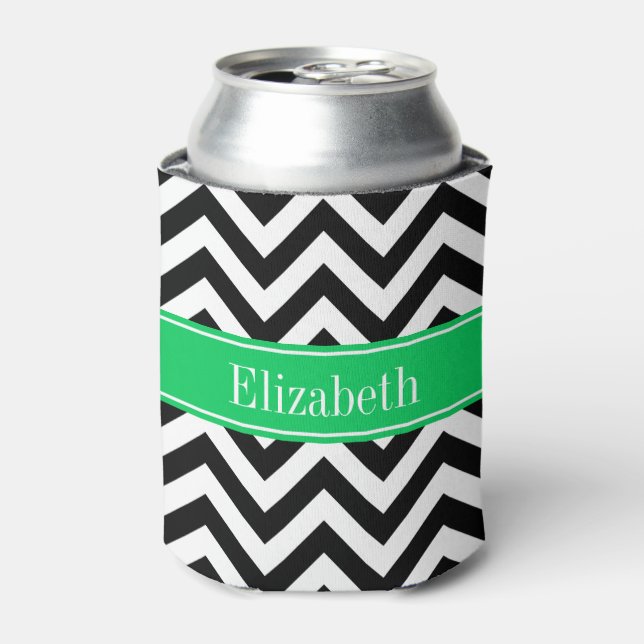 Black White LG Chevron Emerald Name Monogram Can Cooler (Can Front)