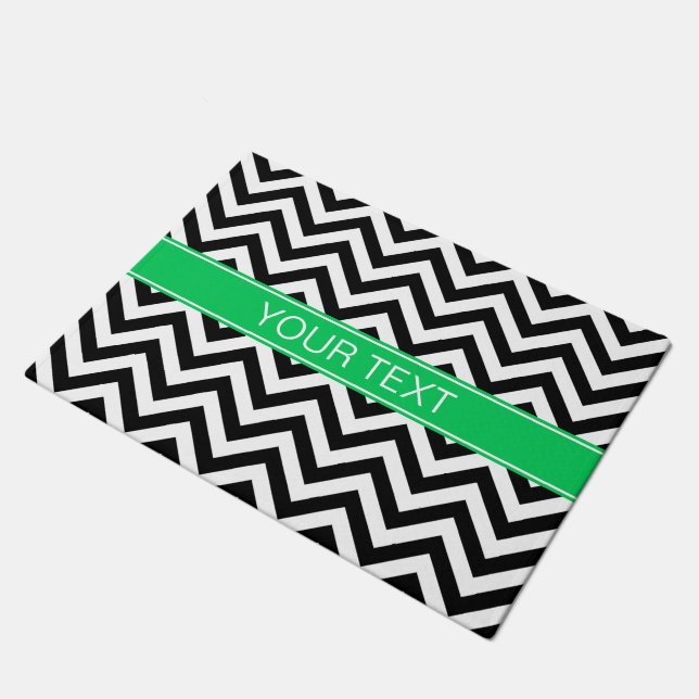 Black White LG Chevron Emerald Name Monogram Doormat (Angled)