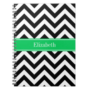 Black White LG Chevron Emerald Name Monogram Notebook