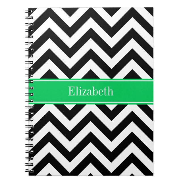 Black White LG Chevron Emerald Name Monogram Notebook (Front)