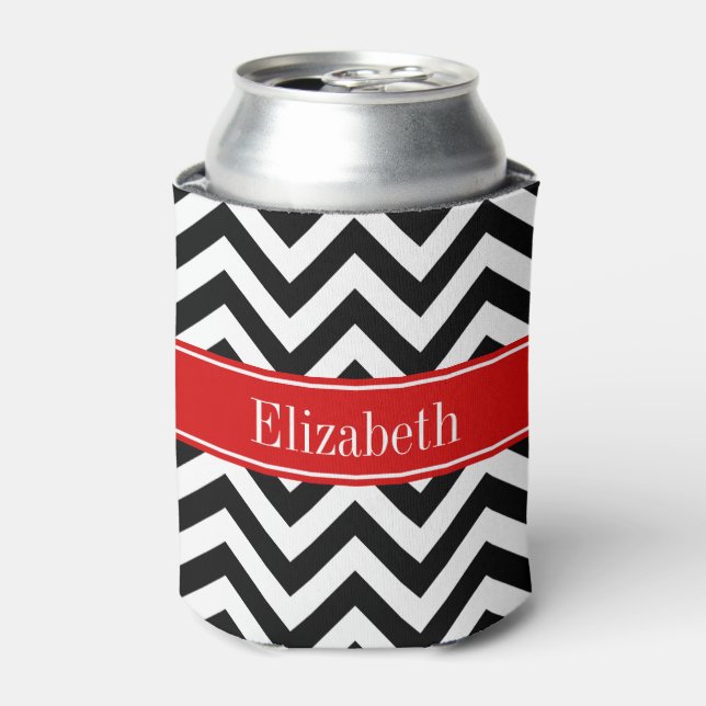 Black White LG Chevron Red Name Monogram Can Cooler (Can Front)