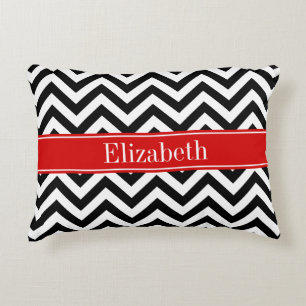 Black White LG Chevron Red Name Monogram Decorative Cushion