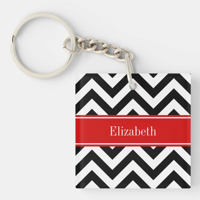 Black White LG Chevron Red Name Monogram Key Ring (Front)
