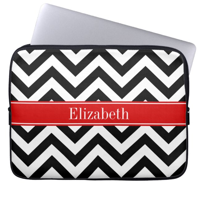 Black White LG Chevron Red Name Monogram Laptop Sleeve (Front)
