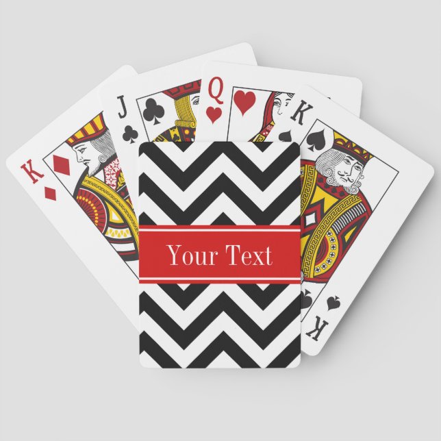 Black White LG Chevron Red Name Monogram Playing Cards (Back)
