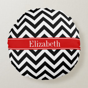 Black White LG Chevron Red Name Monogram Round Cushion
