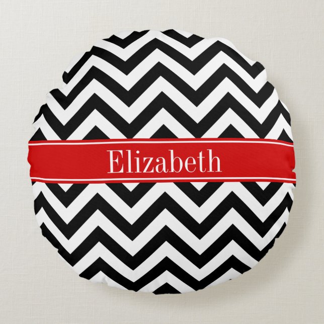 Black White LG Chevron Red Name Monogram Round Cushion (Front)