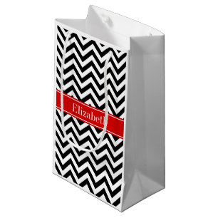 Black White LG Chevron Red Name Monogram Small Gift Bag