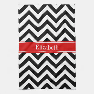 Black White LG Chevron Red Name Monogram Tea Towel
