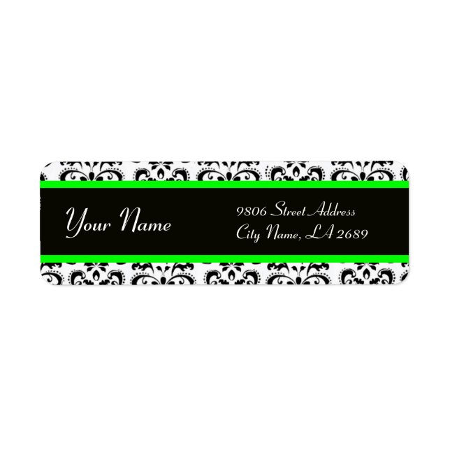 BLACK WHITE LIGHT GREEN DAMASK RETURN ADDRESS LABEL (Front)