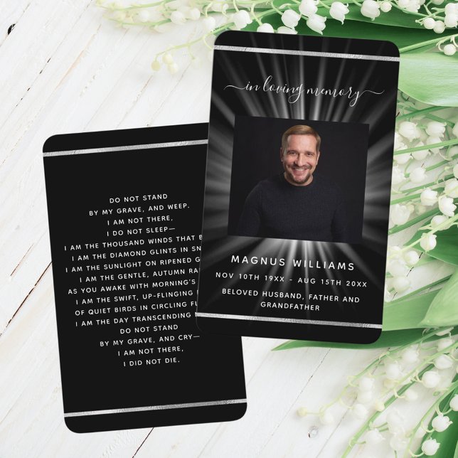 Black white light photo funeral prayer card (Creator Uploaded)