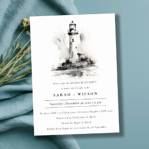 Black & White Lighthouse Coastal Sketch Engagement Invitation