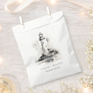 Black & White Lighthouse Nautical Sketch Wedding Favour Bag