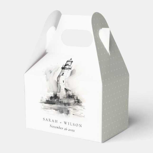 Black & White Lighthouse Nautical Sketch Wedding Favour Box (Front Side)