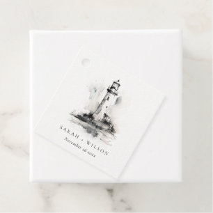 Black & White Lighthouse Nautical Sketch Wedding Favour Tags
