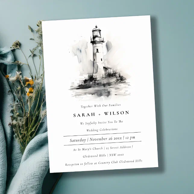 Black & White Lighthouse Nautical Sketch Wedding Invitation | Zazzle