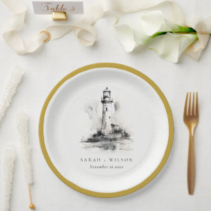Black & White Lighthouse Nautical Sketch Wedding Paper Plate