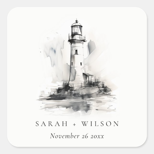 Black & White Lighthouse Nautical Sketch Wedding Square Sticker (Front)